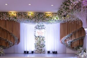 Luxurious wedding venue adorned with stunning floral arrangements and elegant decor, ideal for a grand celebration.